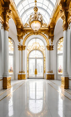Fototapeta premium The white wall is decorated with golden baroque details and arched doors and windows. Floor to ceiling windows