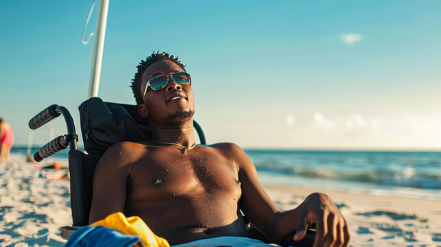 candid young black man in a wheelchair sunbathing at the beach,generative ai