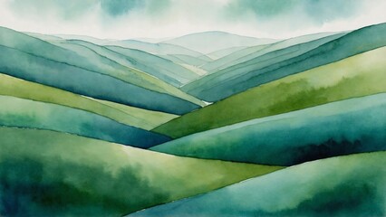 watercolor illustration with abstract green lands, wavy hills painting background, wallpaper