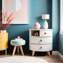 small round ottoman in front of a modern white chest of drawers in a minimalist Japanese style room, stylish interior design, modern room furniture,	
