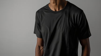 Obraz premium Man In Black T-Shirt Against Light Gray Background Studio Portrait For Fashion, Mockup