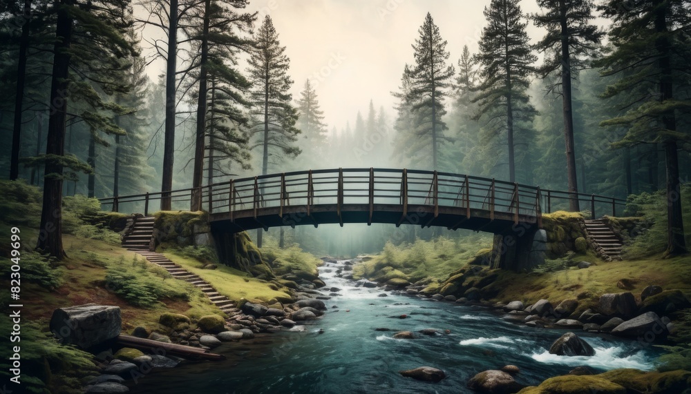 Poster a serene forest setting showcasing a wooden bridge over a flowing river, surrounded by lush greenery
