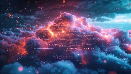 Obraz premium Big data cloud storage, holographic interface, vibrant colors, advanced technology, high resolution,