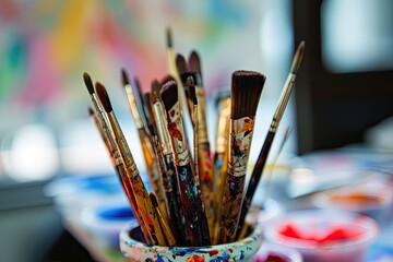 Artist color using brush for art, Multi brush set photo for an artist