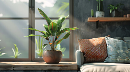 Stylish home interior with a vibrant plant in a decorative pot, white cushions, and modern furniture