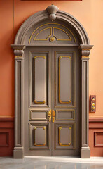 Obraz premium A quality wooden door with a taupe finish and two warm toned moldings for a modern look. Door handle, front door design
