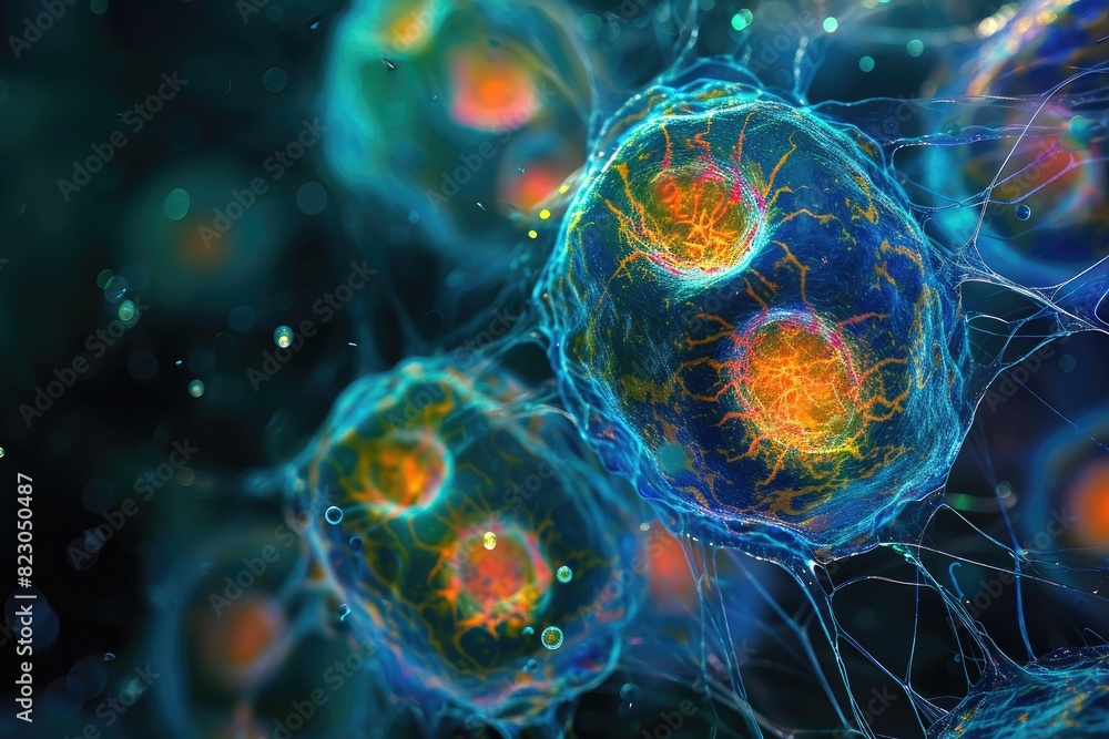 Poster dynamic motion of cells in a time-lapse sequence, human blood cell macro photography