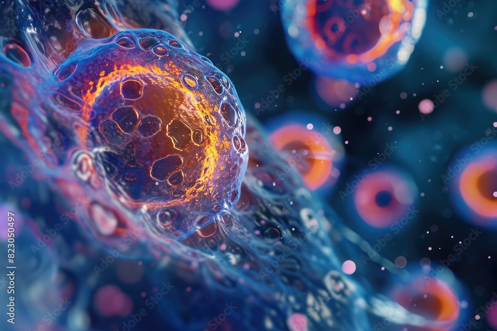 Poster dynamic motion of cells in a time-lapse sequence, human blood cell macro photography