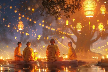 group of monk praying together in front of candles on Vesak Day Celebration