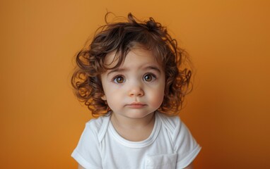 Naklejka premium A little girl of Mediterranean descent with curly hair standing in front of a bright orange wall