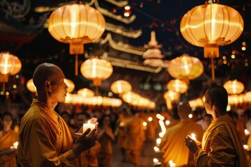 group of monk carrying candle in the temple for Vesak Day celebration