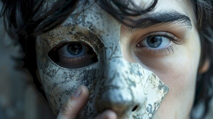 Identity A person holding a mask in front of their face, with eyes peeking through selective focus, emphasis on eyes personal discovery surreal, Composite, theater stage