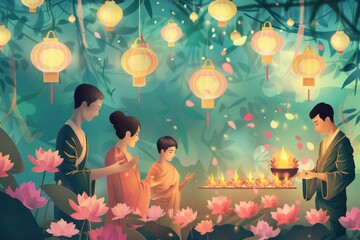 a family praying together in front of the candles for Vesak Day celebration