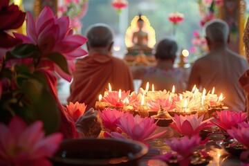group of people praying together in front of the Buddha statue with candles for Vesak Day celebration