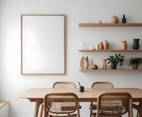 Frame mockup, ISO A paper size. Living room wall poster mockup. Dining room. Interior mockup with house background. Modern interior design. 3D render
