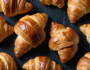 Close-Up of Golden Croissants on Dark Slate Background