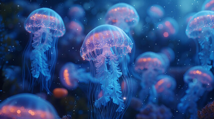 Bioluminescent jellyfish illuminating the night sea focus on, aquatic wonder, surreal, overlay, moonlit waters