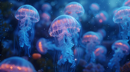 Obraz premium Bioluminescent jellyfish illuminating the night sea focus on, aquatic wonder, surreal, overlay, moonlit waters