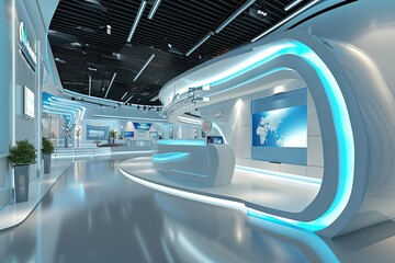 Design a 3D-rendered virtual trade exhibition