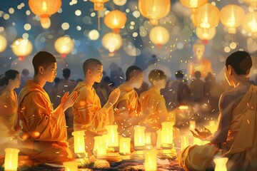 group of monk praying together in front of candles on Vesak Day Celebration