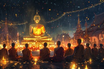 group of monk meditating together in front of Buddha statue on Vesak Day Celebration