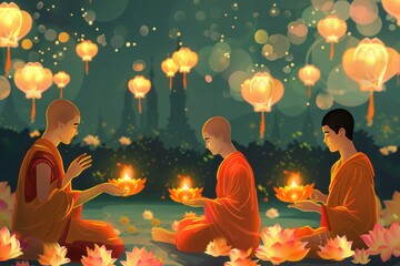 group of monk holding a candle while praying on Vesak Day Celebration