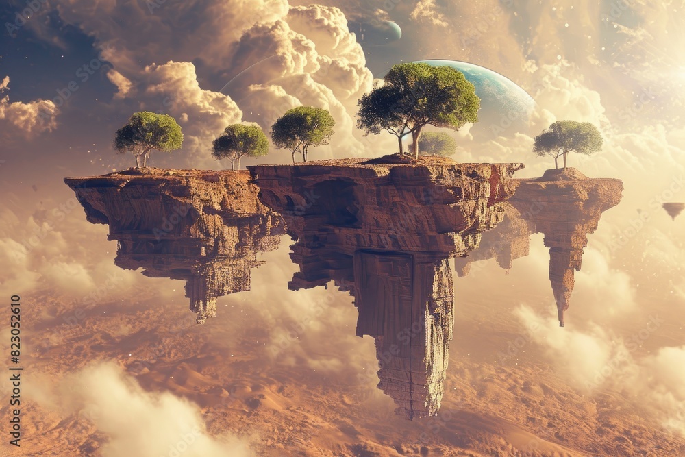 Poster design an otherworldly desert with floating islands