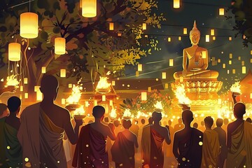 Group of people getting ready to pray together in front of Buddha statue on Vesak Day celebration