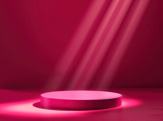 Red podium pedestal on pink background with light rays, stage showcase scene for beauty product presentation