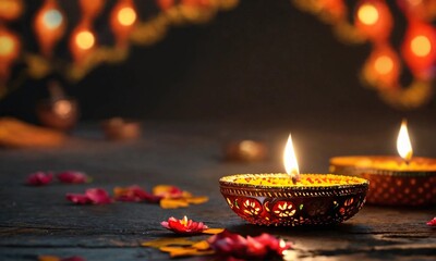 Happy Diwali - Diya lamps lit during diwali celebration