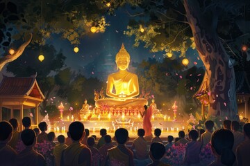 Group of people getting ready to pray together in front of Buddha statue on Vesak Day celebration