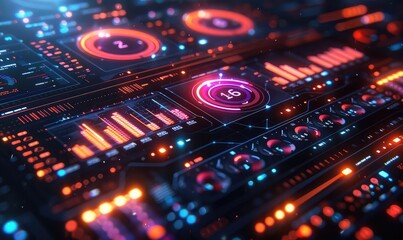 Fototapeta premium Data analysis dashboard, holographic graphs and charts, vibrant colors, futuristic interface, photorealistic,