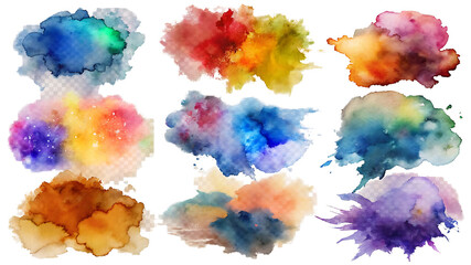 Set of Watercolor Brush Strokes and Circles on Transparent Background
