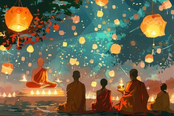 Young monks meditating together surrounded by lantern on Vesak Day Celebration in front of Buddha statue
