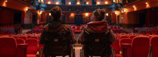 Couple in wheelchairs at a theater. Banner with copy space
