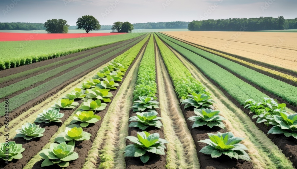 Poster a captivating view of vibrant green cabbage rows stretching into the distance on a well-maintained f
