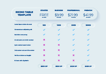 Business price chart template, Web banner checklist template design. Design a price list comparison table.