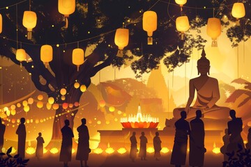 silhouette of people in the temple on Vesak Day celebration