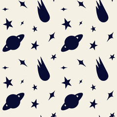 Illustration of space objects on a white background. Seamless monochromatic pattern on a white background. Textile.