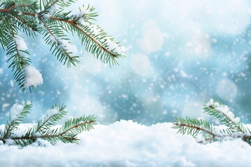 Branches of a Christmas tree on the snow against falling snowflakes. New Year atmosphere. Copy space. Festive template for holiday season