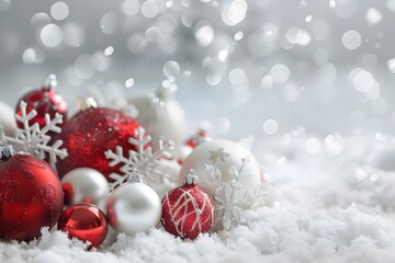Festive Christmas Background with Red and White Ornaments