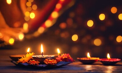 Happy Diwali background Clay Diya lamps lit during Diwali festival, Hindu pooja concept background