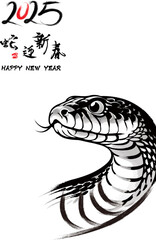 Traditional Chinese Year of the Snake illustration vector 2025, Asian elements, ink style(Translation: Snake Zodiac 2025 Happy New Year)