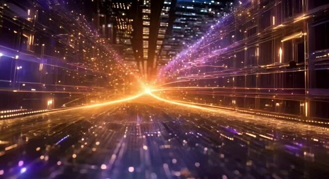 Abstract digital data stream visual. High-speed light particles. Cybersecurity and technology concept.4k JD