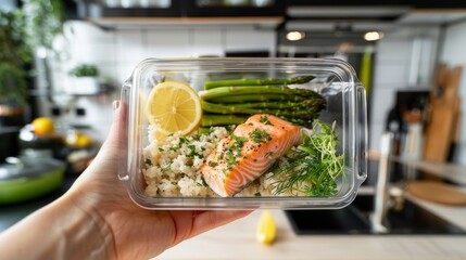 Portioned Salmon Meal Prep in Modern Kitchen Setting Promoting Healthy Eating and Portion Control