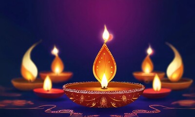 Fototapeta premium Happy Diwali background Clay Diya lamps lit during Diwali festival, Hindu pooja concept background