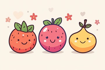 Kawaii-style smiling fruits