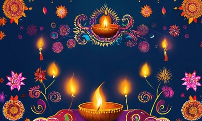 Diwali celebration Indian festival of lights Diya oil lamp and colors Rangoli decoration bright colorful flowers
