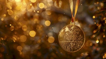 Picture of Gold Medal A gold medal hanging from a ribbon, shining brightly under the light close up, focus on the medal achievement vibrant, Composite, awards ceremony