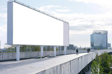 Obraz premium Modern concrete fence displays a dynamic angled blank billboard, cityscape with pedestrian emphasis.